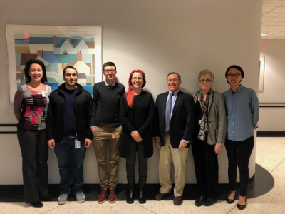 Students and faculty standing with Dr. Einsenbarth, smiling. pictured left to right: Dr. Biree Andemariam, Tony Pettinato (GS1 and 3rd-Year MD/PhD student), Katie DiScipio (GS2 and 4th-Year MD/PhD student), Dr. Stephanie Eisenbarth (invited speaker), Dr. Andrew Arnold, Dr. Carol Pilbeam, and Grace Kwon (GS2 and 4th-Year MD/PhD student). pictured left to right: Dr. Biree Andemariam, Tony Pettinato (GS1 and 3rd-Year MD/PhD student), Katie DiScipio (GS2 and 4th-Year MD/PhD student), Dr. Stephanie Eisenbarth (invited speaker), Dr. Andrew Arnold, Dr. Carol Pilbeam, and Grace Kwon (GS2 and 4th-Year MD/PhD student).